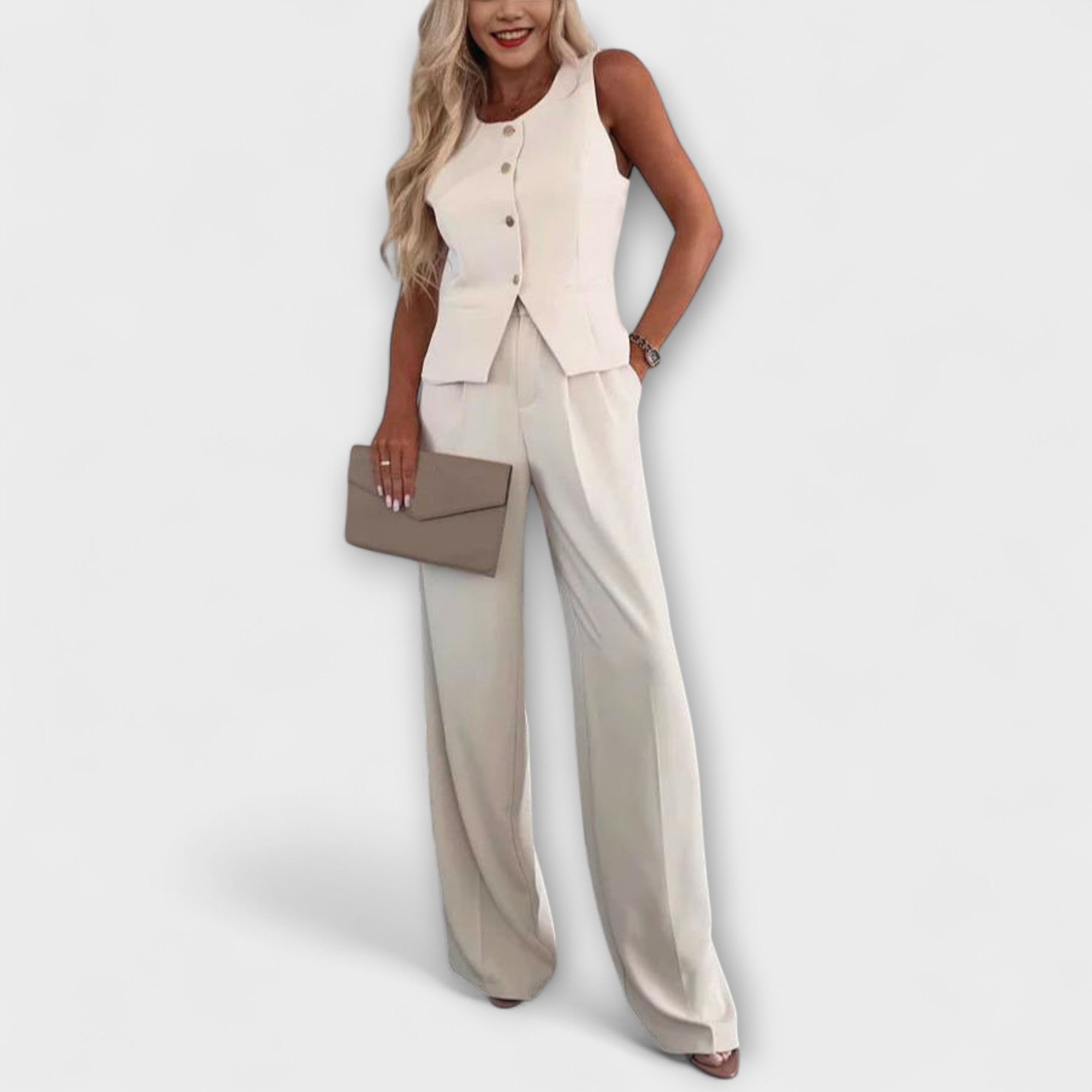 Hazel - Stijlvolle effen V-hals vest en broek tweedelige set