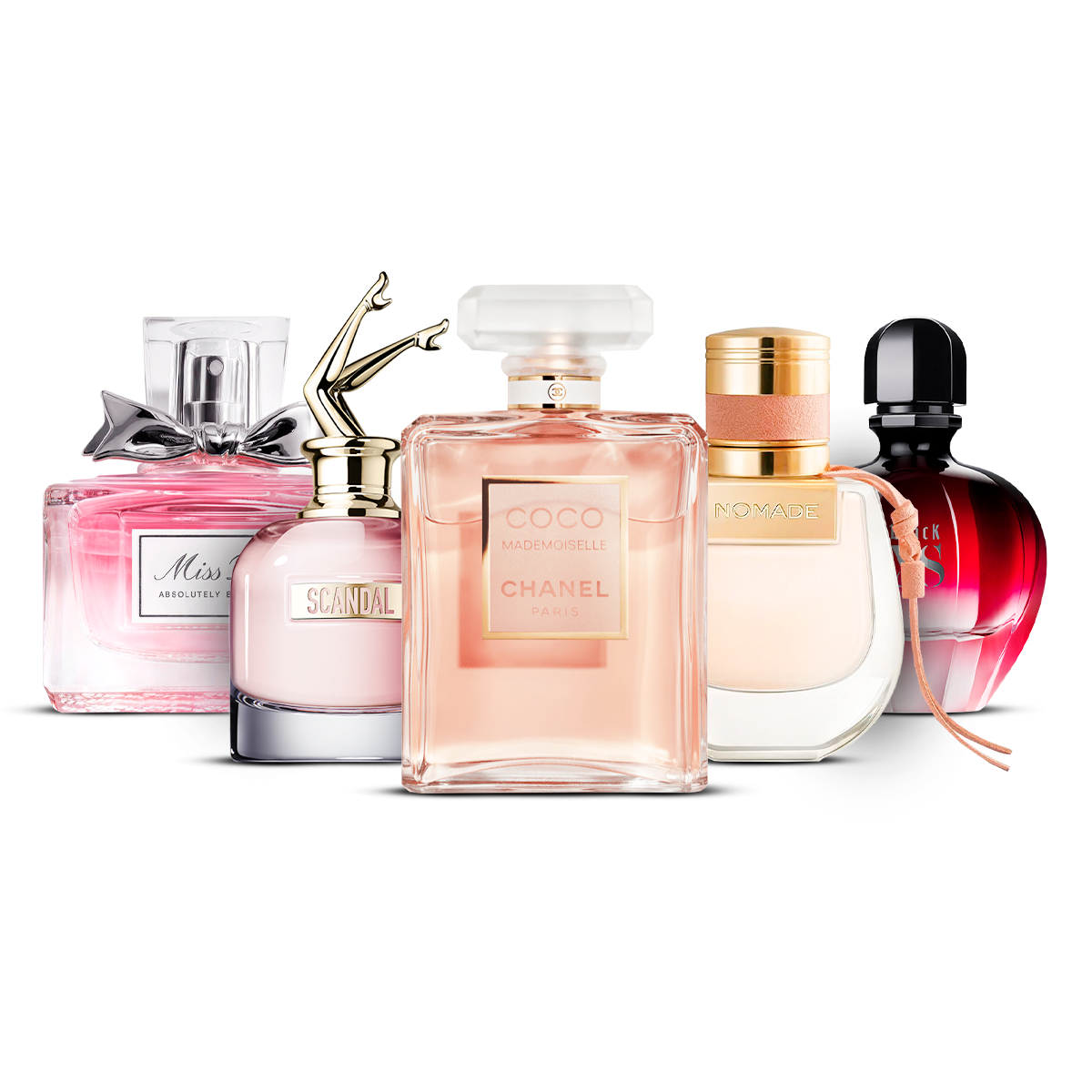 Kombination af 5 kvindeparfumer - Miss Dior Absolutely Blooming, Scandal, Coco Mademoiselle, Nomade og Black XS [100 ml hver]