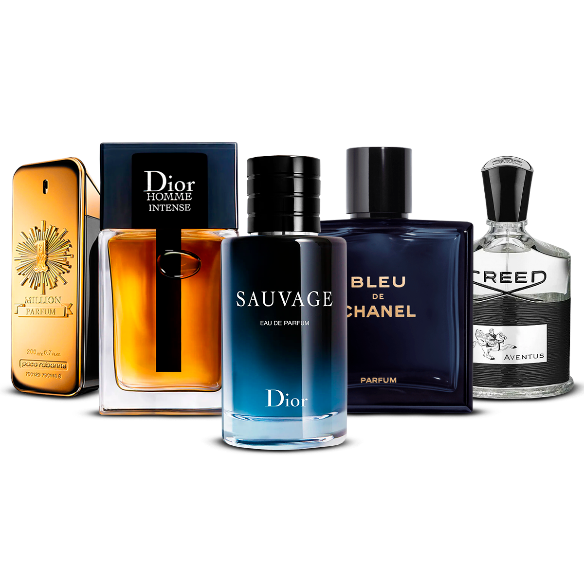 Kombination af 5 herredufte – 1 Million, Dior Homme Intense, Sauvage, Bleu de Chanel og Creed Aventus [100 ml hver]