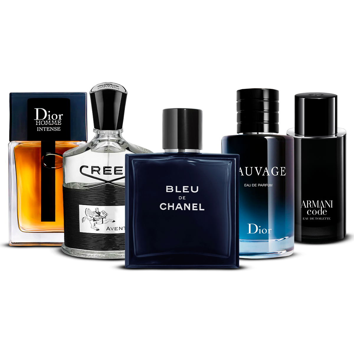 Kombination af 5 herredufte – Dior Homme Intense, Creed Aventus, Bleu de Chanel, Sauvage og Armani Code [100 ml hver]