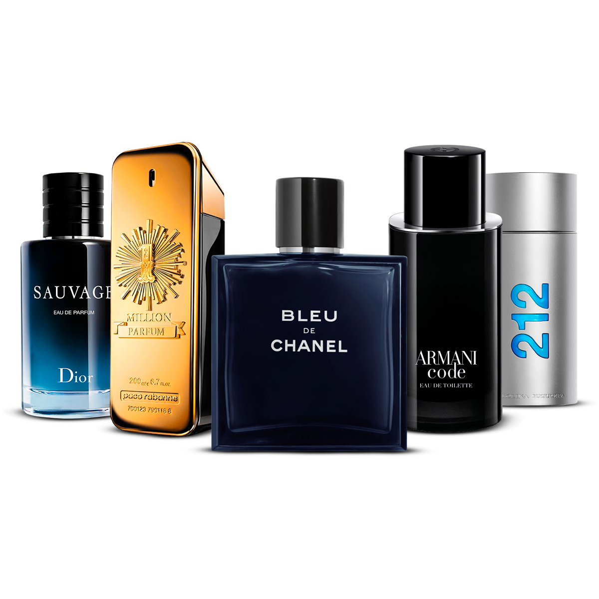 Kombination af 5 herredufte – Sauvage, 1 Million, Bleu de Chanel, Armani Code og 212 Men [100 ml hver]