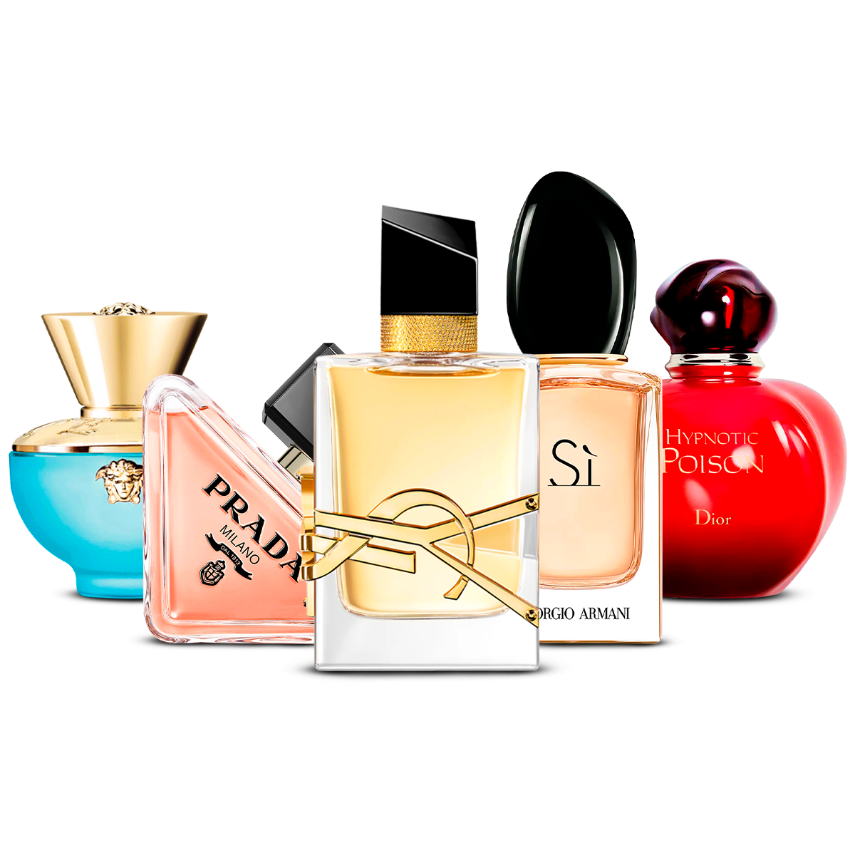 Kombination af 5 dameparfumer – Versace Dylan Turquoise, Prada Paradoxe, Yves Saint Laurent Libre, Giorgio Armani Sì og Dior Hypnotic Poison [100 ml hver]