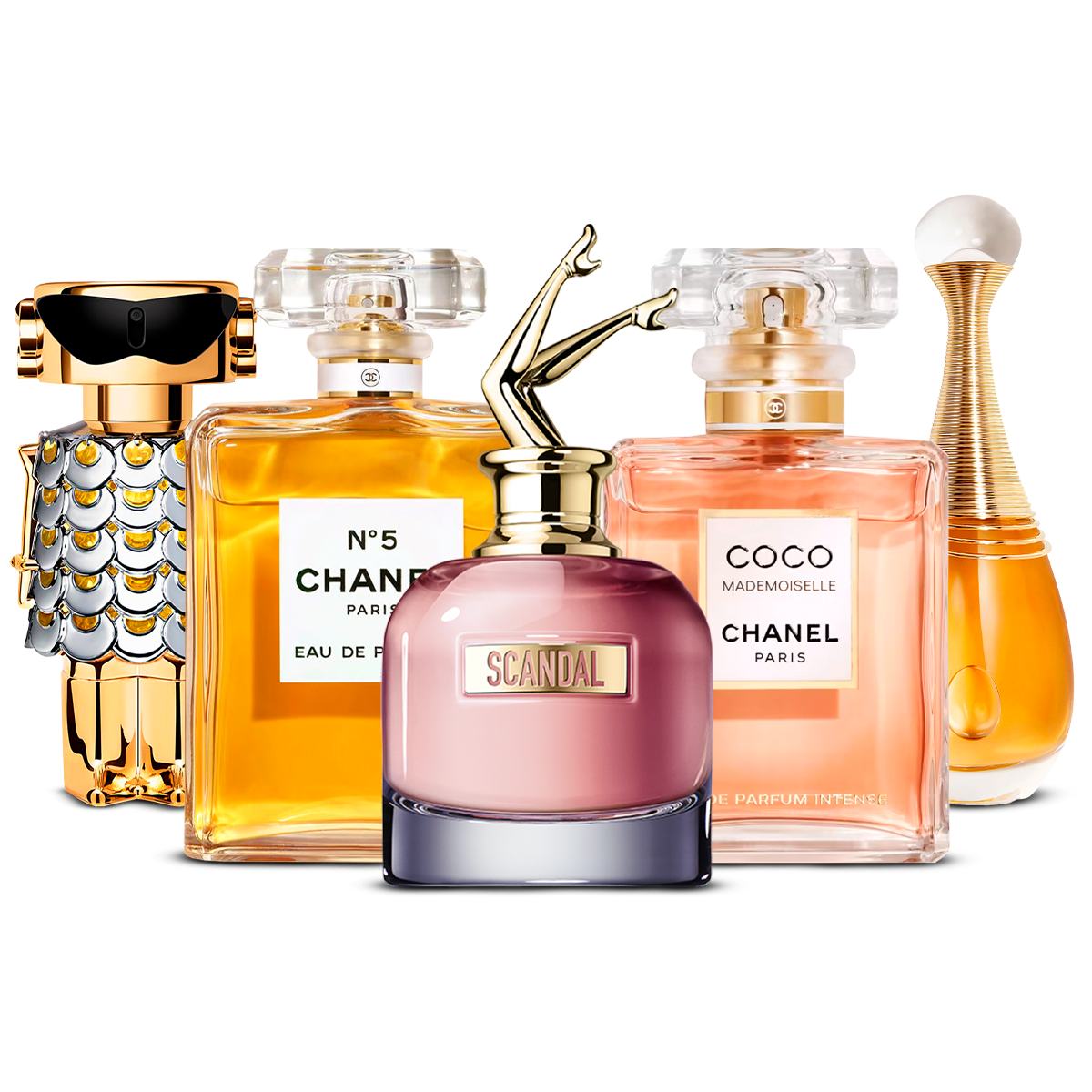 Kombination af 5 dameparfumer – Fame, Chanel Nº5, Scandal, Coco Mademoiselle og J'adore [100 ml hver]