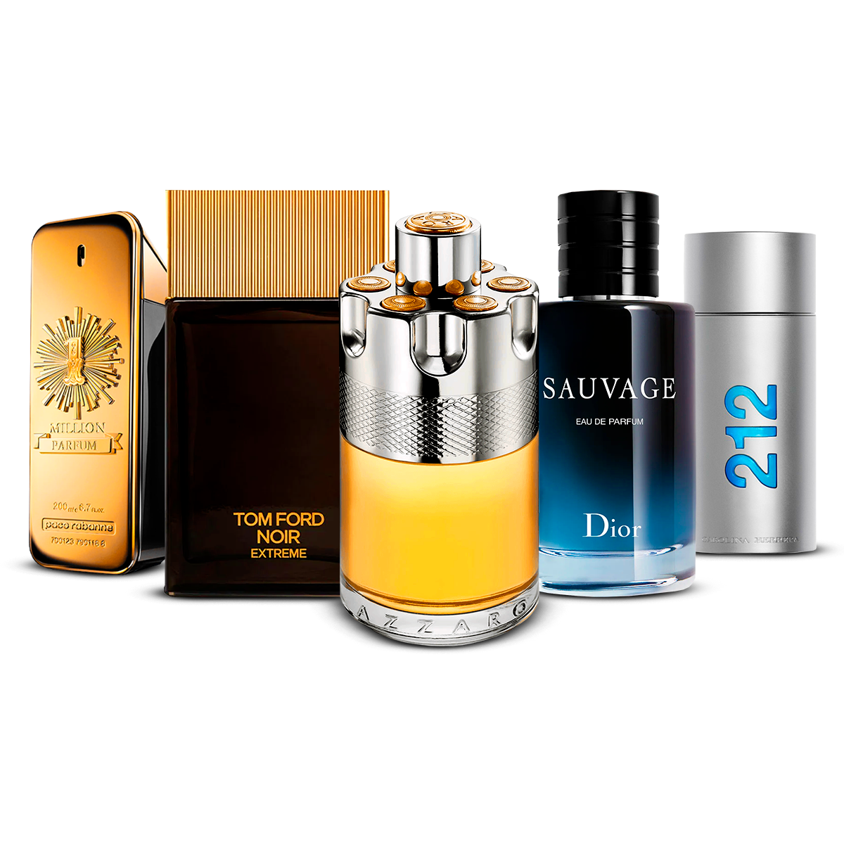 Kombination af 5 herredufte – 1 Million, Tom Ford Noir Extrême, Azzaro Wanted, Sauvage og 212 Men [100 ml hver]