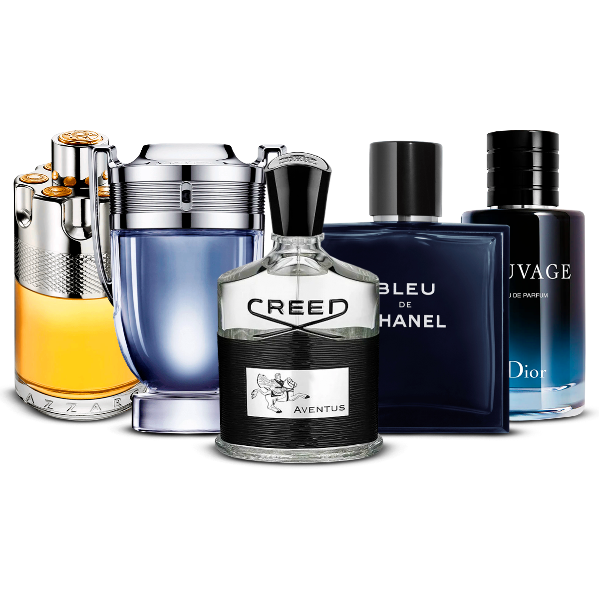 Kombination af 5 herredufte – Azzaro Wanted, Invictus, Creed Aventus, Bleu de Chanel og Sauvage [100 ml hver]