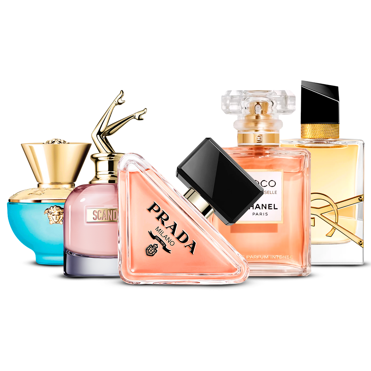 Kombination af 5 dameparfumer – Versace Dylan Turquoise, Scandal, Prada Paradoxe, Coco Mademoiselle og Yves Saint Laurent Libre [100 ml hver]