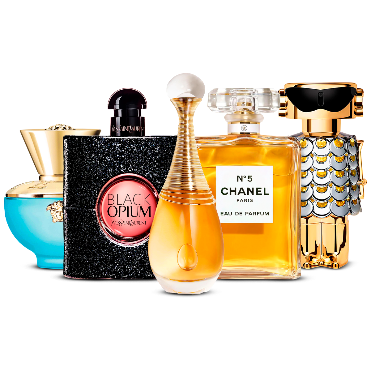Kombination af 5 kvindeparfumer – Versace Dylan Turquoise, Black Opium, J'adore, Chanel Nº5 og Fame [100 ml hver]
