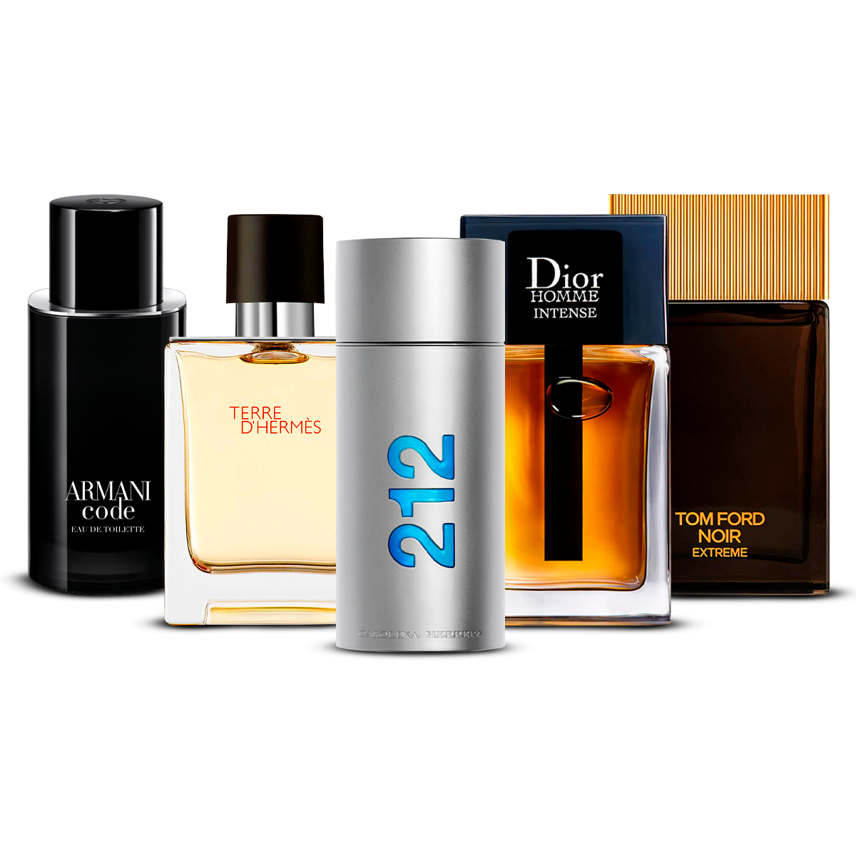 Kombination af 5 herredufte – Armani Code, Terre d'Hermès, 212 Men, Dior Homme Intense og Tom Ford Noir Extrême [100 ml hver]