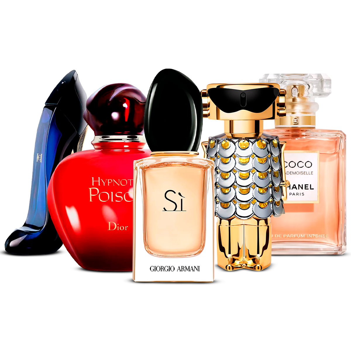 Kombination af 5 kvindeparfumer – Good Girl, Hypnotic Poison, Sì, Fame og Coco Mademoiselle [100 ml hver]