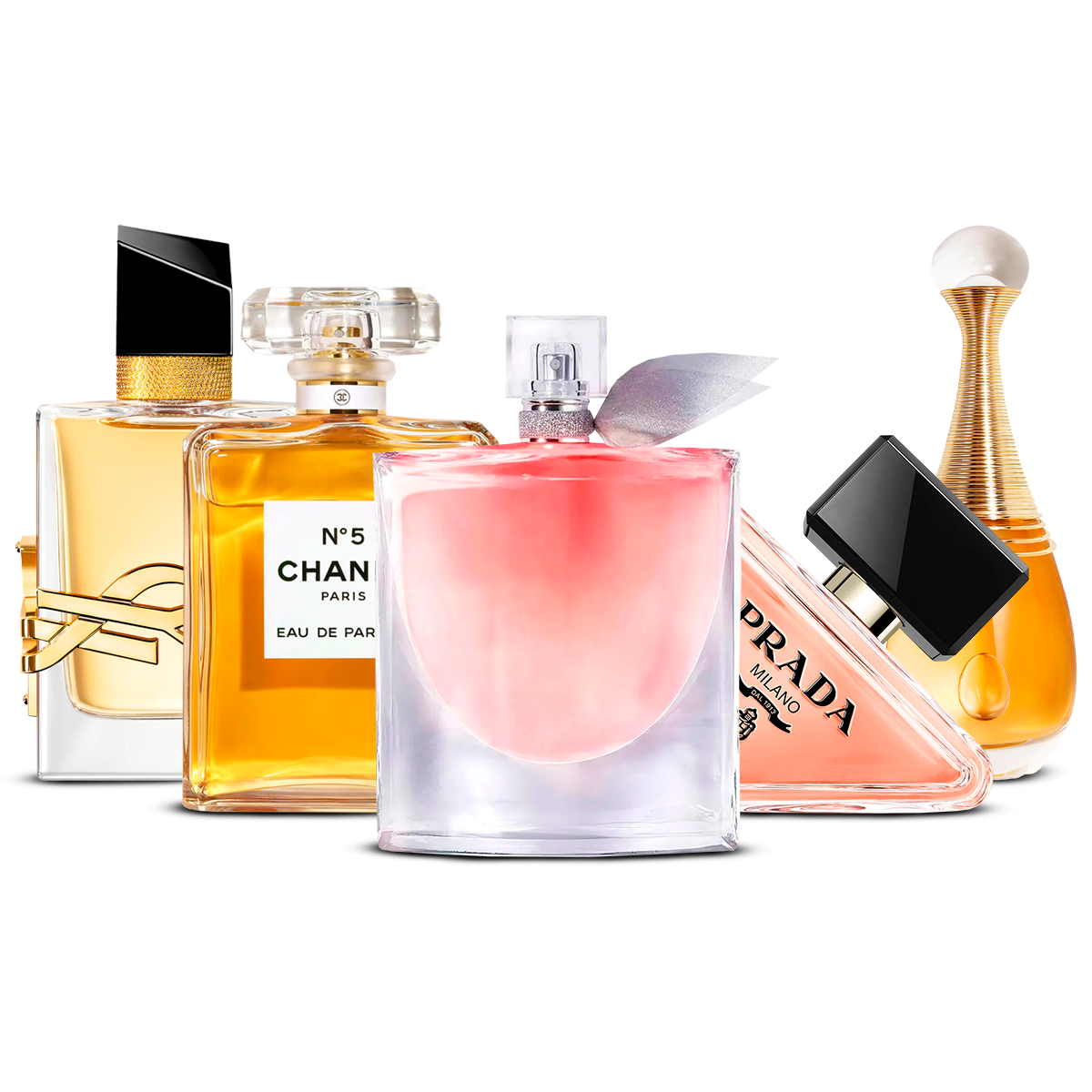 Kombination af 5 dameparfumer – Yves Saint Laurent Libre, Chanel Nº5, La Vie Est Belle, Prada Paradoxe og J'adore [100 ml hver]