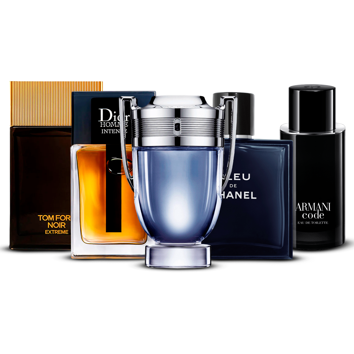 Kombination af 5 herredufte – Tom Ford Noir Extrême, Dior Homme Intense, Invictus, Bleu de Chanel og Armani Code [100 ml hver]