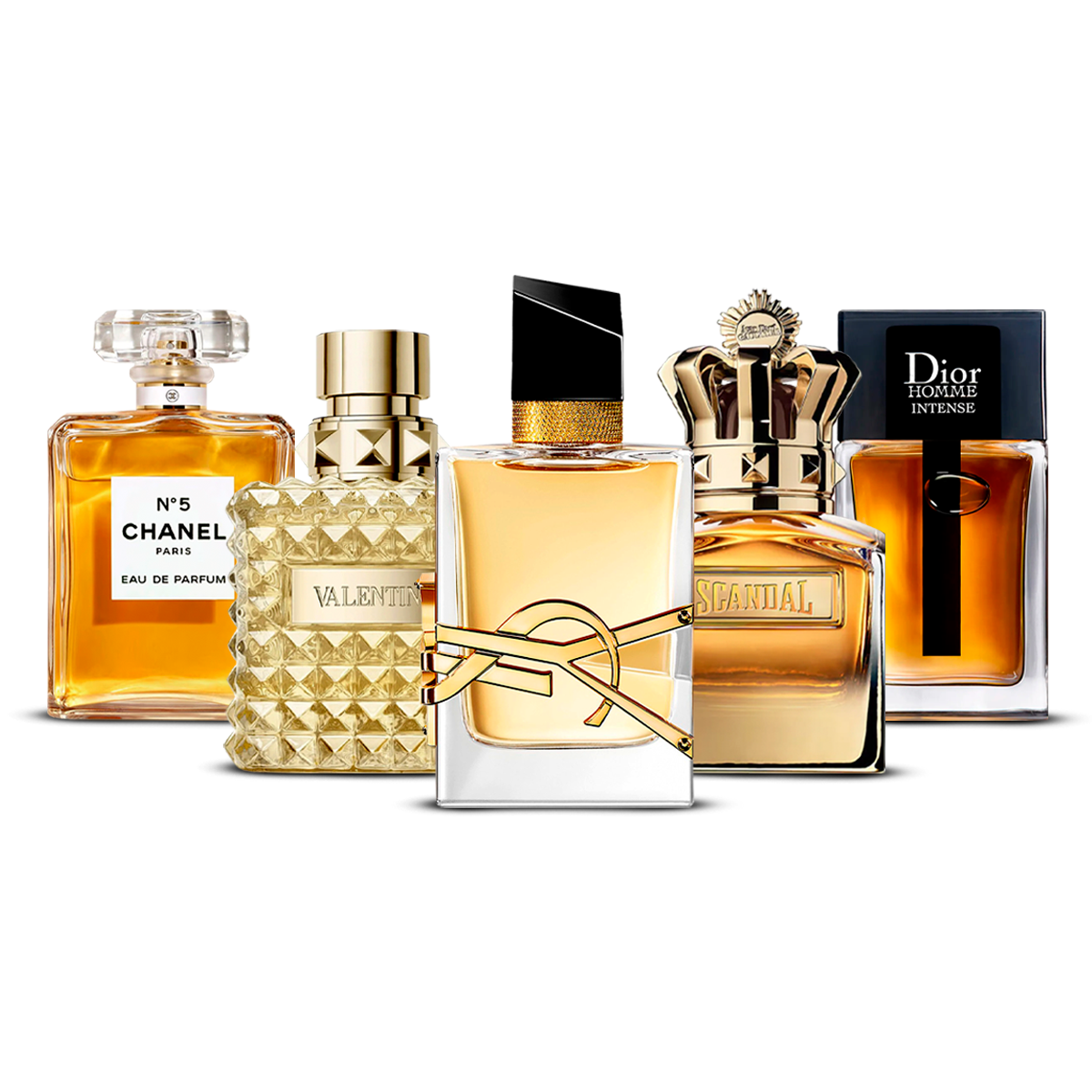 Kombination af 5 parfumer – Chanel Nº5, Valentino Uomo, Yves Saint Laurent Libre, Scandal Pour Homme og Dior Homme Intense [100 ml hver]